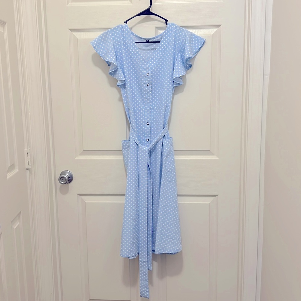 Light blue polka dot midi